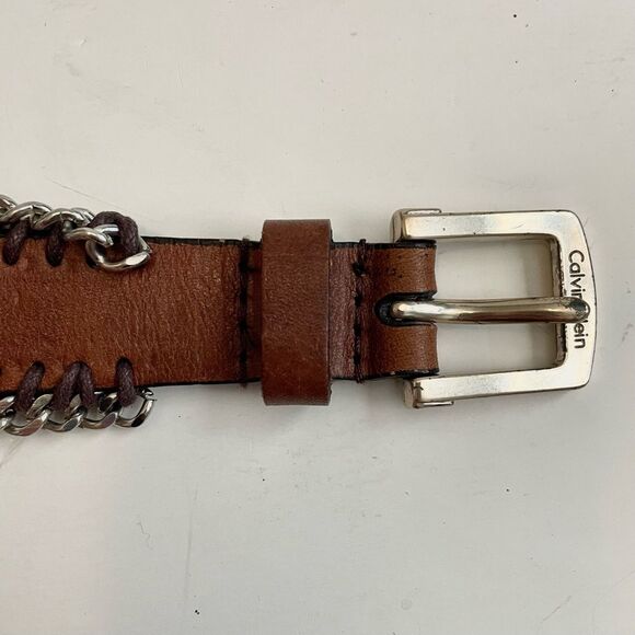 Calvin Klein Brown Leather Belt with Silver Chain Accents Angled Size S - Picture 6 of 8